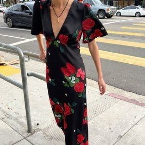 Lisa Says Gah Black Maxi Dress with Red Rose Print